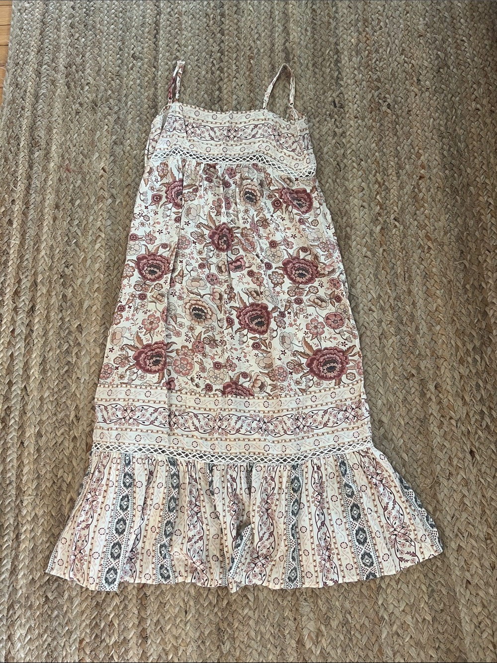 Floral Boho Midi Dress with Ruffle Hem - Dusty Rose EUC size S